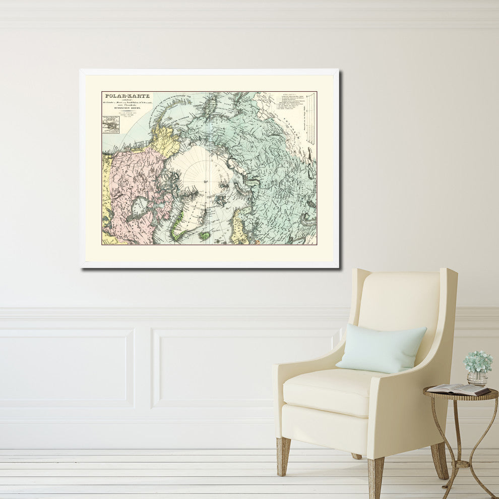 North Pole Stieler Old Map Print On Canvas With Frame Art Collection 16" X 21"