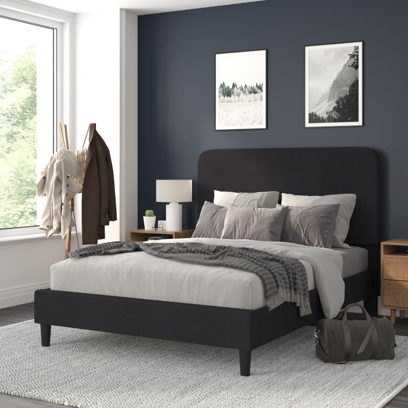 Addison Upholstered Platform Bed - Headboard with Rounded Edges, Charcoal, Queen