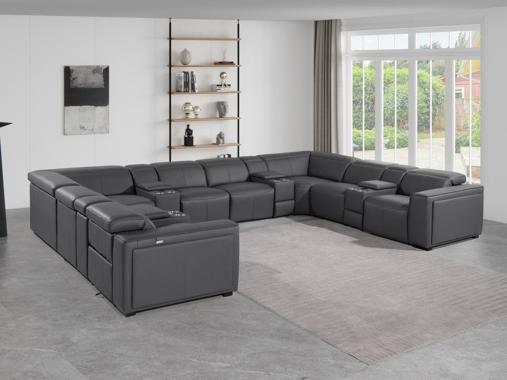 Niccolo Italian Leather 12-Piece U-Shaped 4 Power Reclining Sectional, Dark Gray