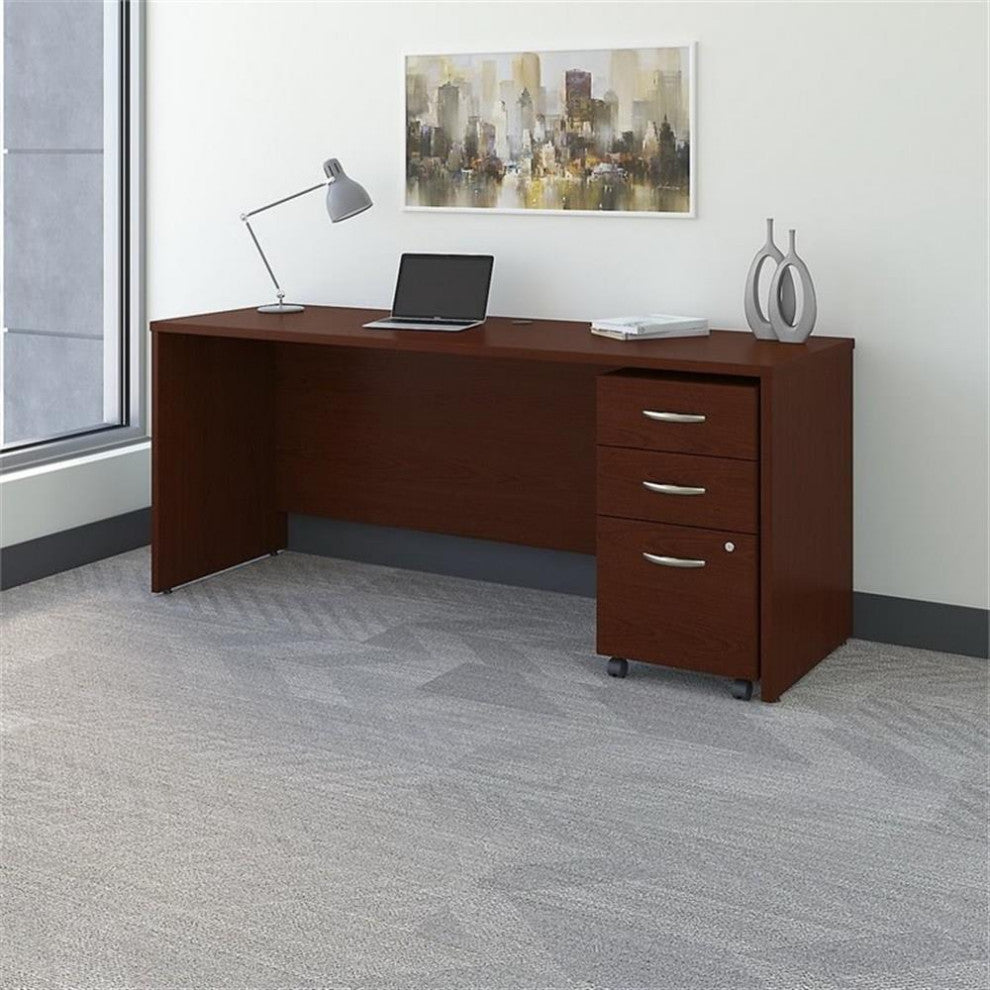 Series C 72W Office Desk with File Cabinet in Mahogany - Engineered Wood