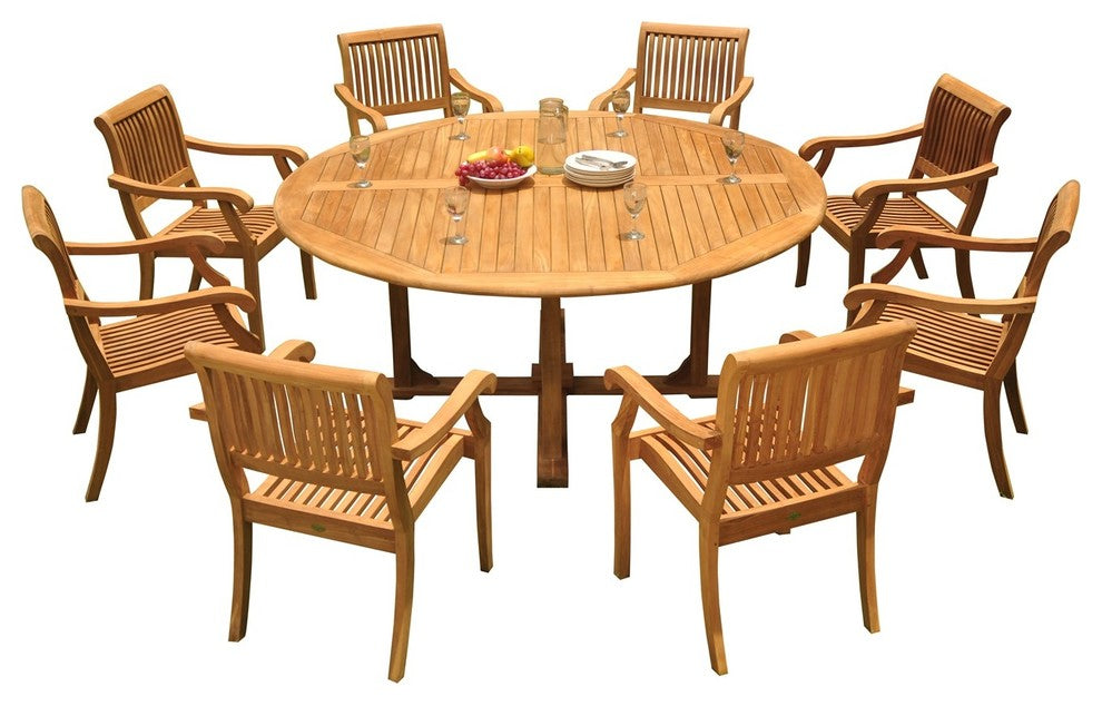 9-Piece Outdoor Teak Dining Set, 72" Round Table, 8 Arbor Stacking Arm Chairs
