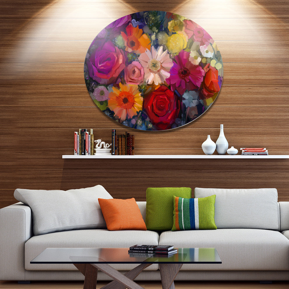 Bouquet Of Rose Daisy And Gerbera, Floral Round Metal Wall Art, 23"