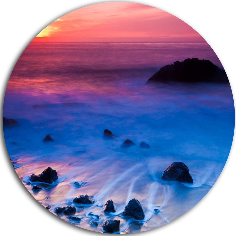 Bright Colorful Rocky Coast Panorama, Seashore Round Metal Artwork, 36"
