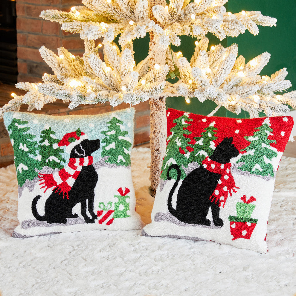 2pk 14"L Hooked Christmas Dog and Cat Pillow