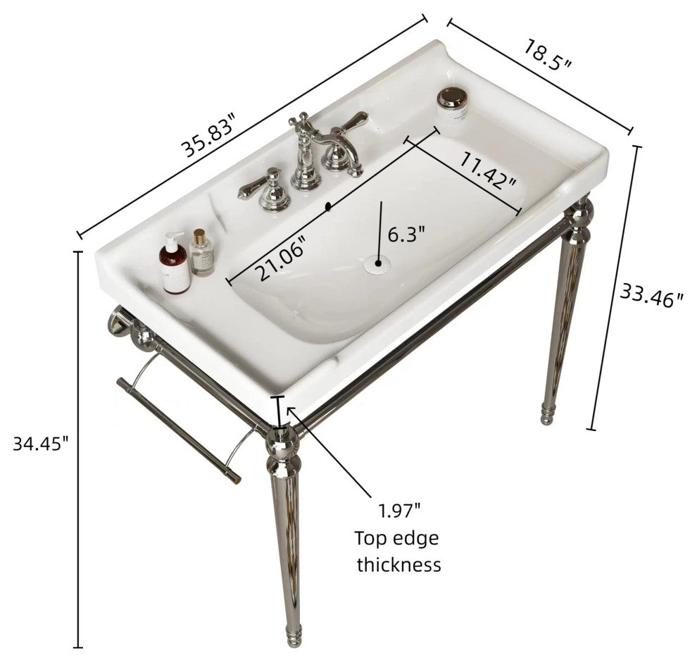Wall-Mounted White Ceramic Vanity Basin with Stainless Steel Support Legs , Chrome