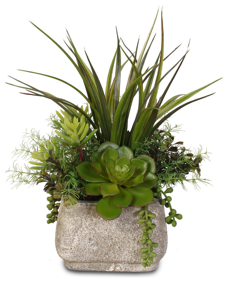 Artificial Succulent Arrangement With Grass in a Stone Pot