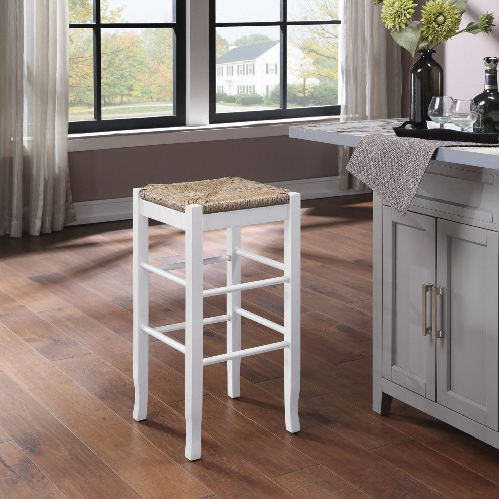 Square Rush Backless Wood Bar Stool, Cream