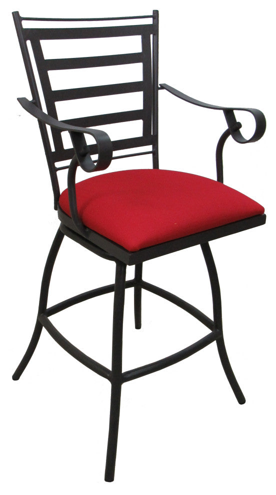 Outdoor Patio Stool Jenna With Arms, Red Linen on Dark Nut, 30"