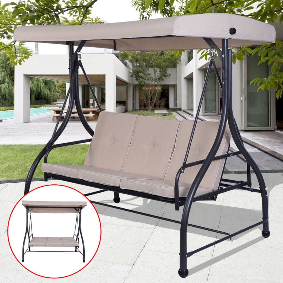 Costway Converting Outdoor Swing Canopy Hammock 3 Seats Patio Furniture beige