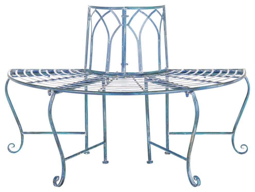 Safavieh Abia Wrought Iron 50"W Outdoor Tree Bench, Antique Blue