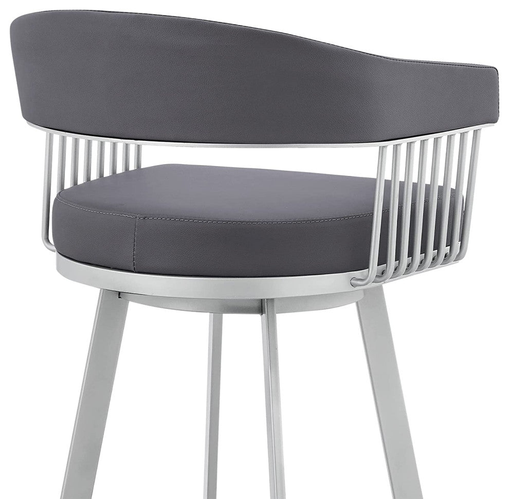 Elegant Counter Stool, Swiveling PU Leather Seat With Slatted Sides, Slate Grey
