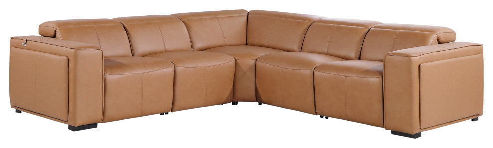 Niccolo Italian Leather 5-Piece L-Shaped Power Reclining Sectional, Cognac