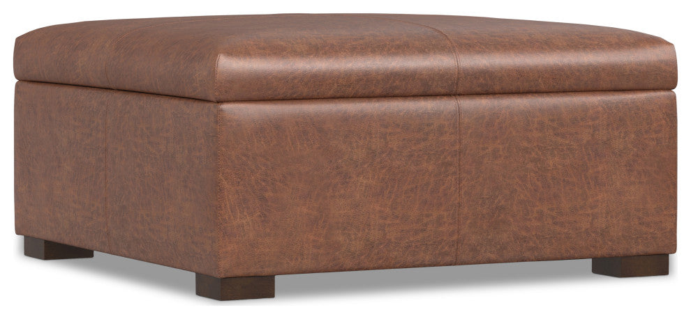 Gabbie Square Coffee Table Storage Ottoman, Distressed Saddle Brown