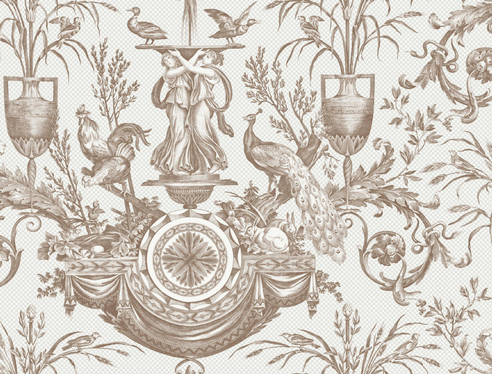 Avian Fountain Toile Mink Wallpaper