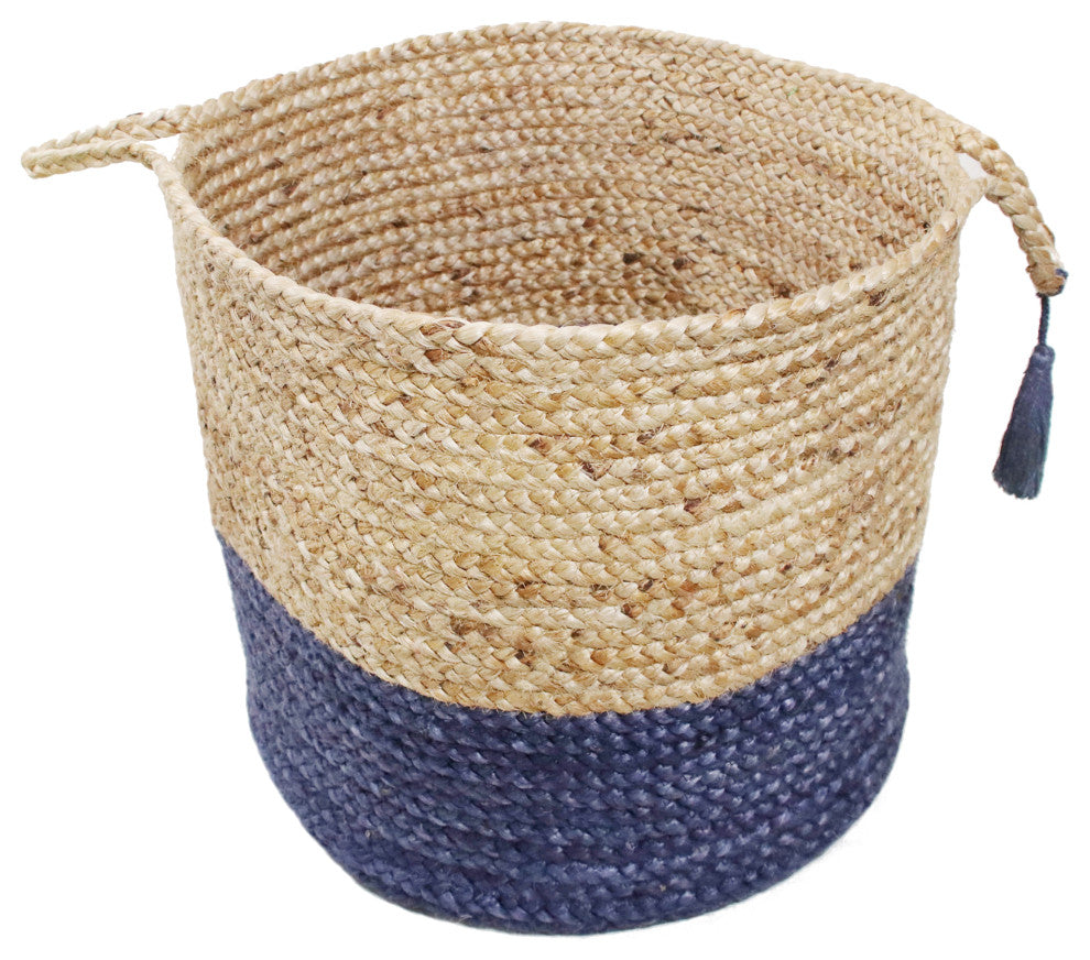 Two-Tone Natural Jute Woven Decorative Basket with Handles, Sapphire Blue, 17"
