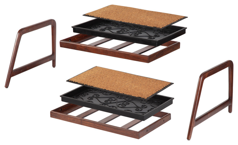 Double-Tier Brown Stand With 2-Pair Rubber Boot Trays Rectangle Ripple