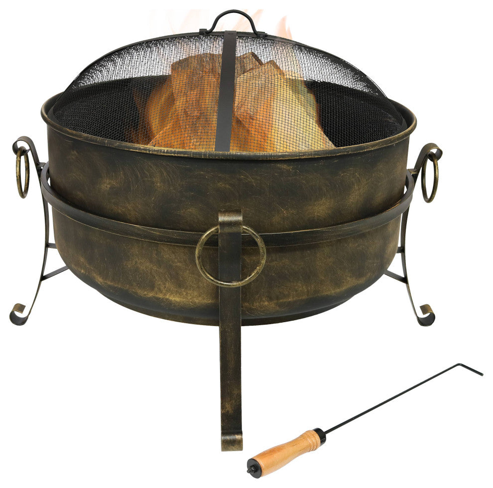 Sunnydaze Black Steel Outdoor Cauldron Fire Pit With Spark Screen, 24"