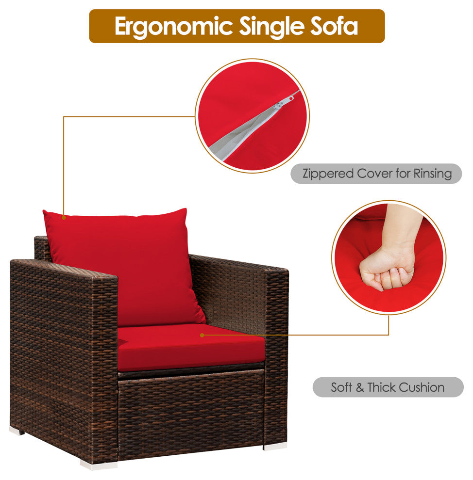 Costway 3PCS Patio Rattan Furniture Set Sofa Cushioned Garden Red