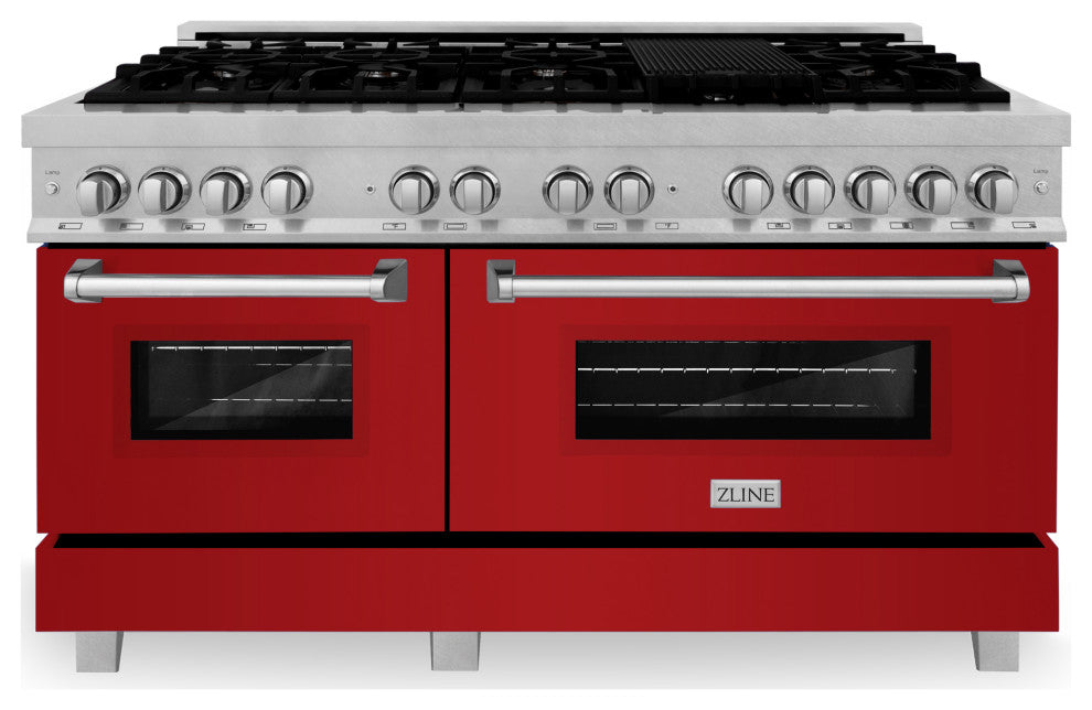 ZLINE 60" Dual Fuel Range, DuraSnow With Red Gloss Door RAS-RG-60