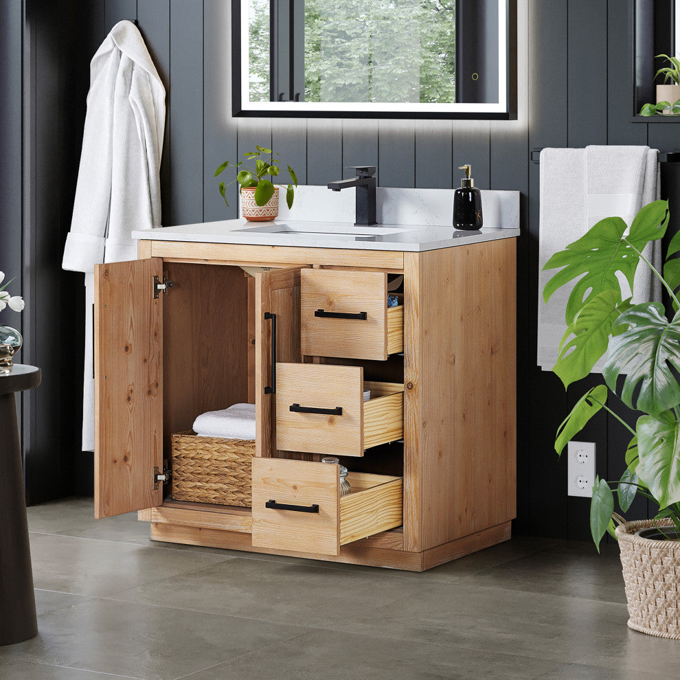 Cicero Vanity, Grain White Engineered Stone Countertop, Light Brown, 36", No Mirror