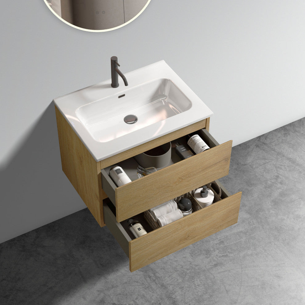 Wall-Mounted Bathroom Vanity Set with Ceramic Sink with one faucet hole, Oak