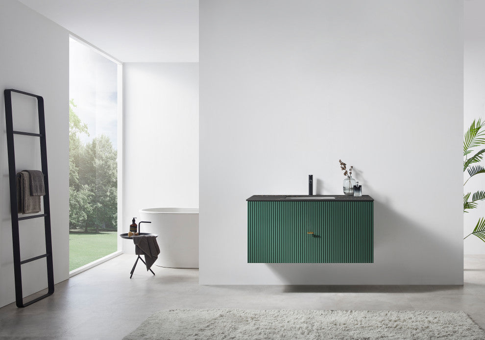 BARCELONA Wall Mount Modern Bathroom Vanity, Forest Green, 42", Black Countertop
