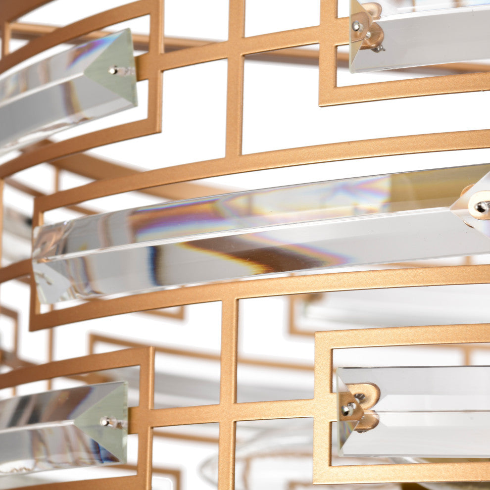 Sue Drum Shade Chandelier With Clear Glass Crystal Prism 6-light, Glossy Brass,