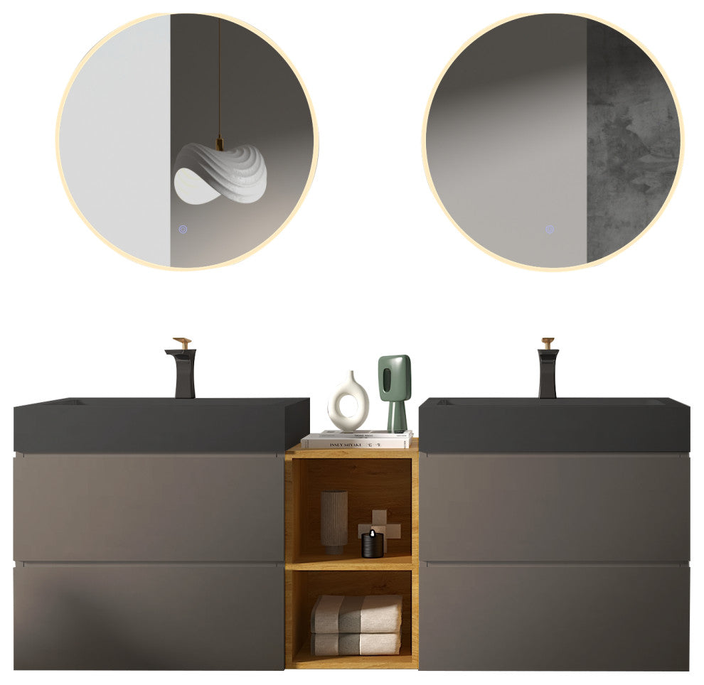 Wall-Mounted Bathroom Vanity with Double Sinks and Open Shelf, Light Gray, 60"