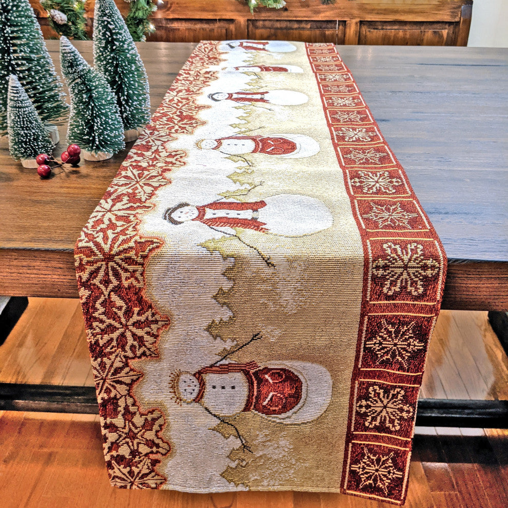 Mr. and Mrs. Snowman Couple Woven Tapestry Table Runner, 13"x90"