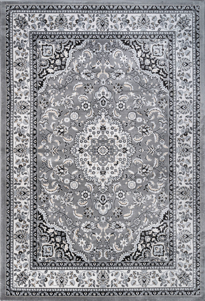 Palmette Modern Persian Floral Area Rug, Gray and Ivory, 3x5