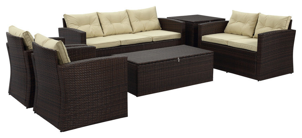 Rio 6-Piece 7 Seat Dark Brown Wicker Conversation Set With Storage and Cushions