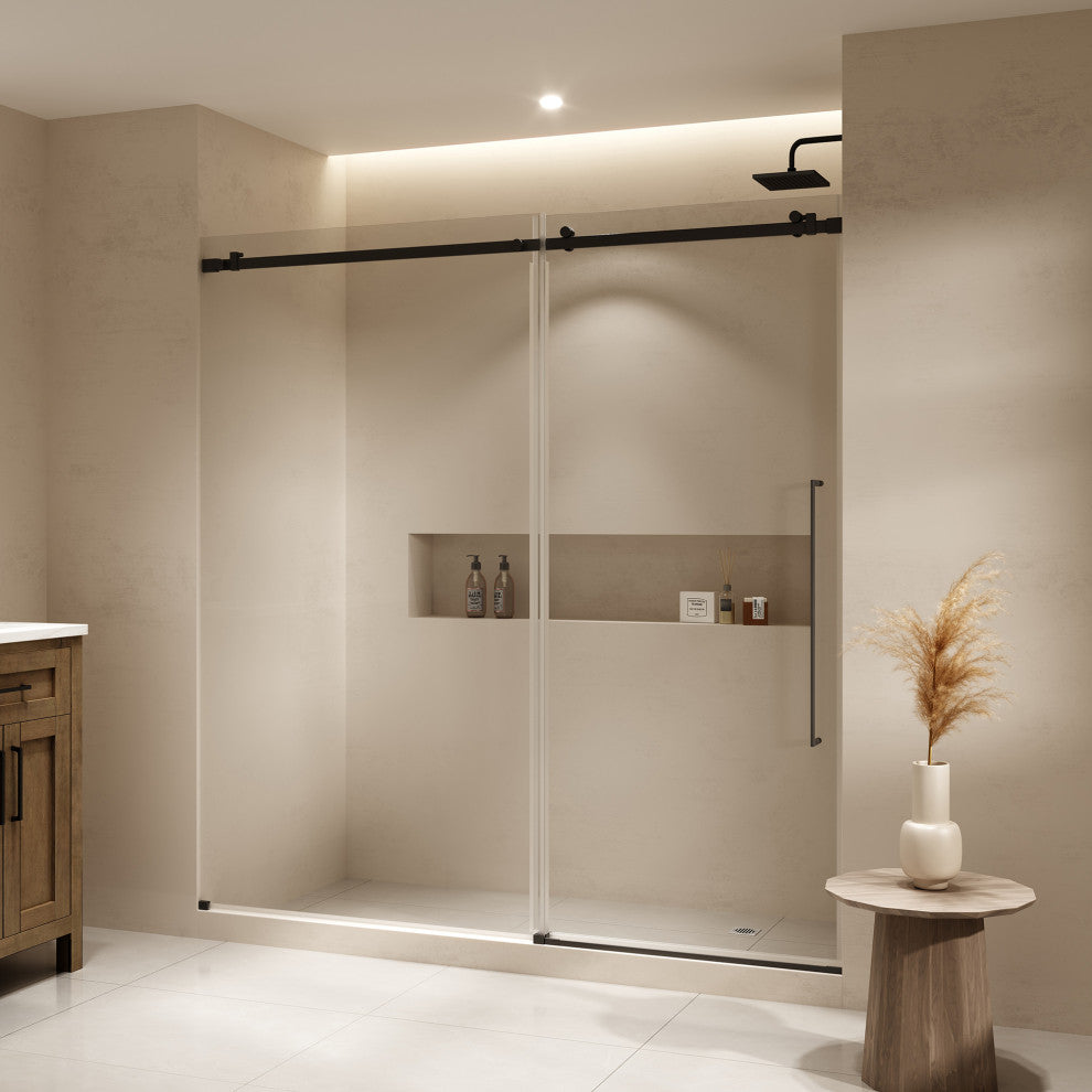 Selby Frameless Sliding Clear Alcove Shower Door, Black, 72"