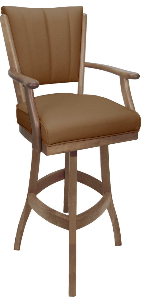 Leather Swivel Wood Bar Stool Classic on S-Base, Brown Leather on Cashew, 30"