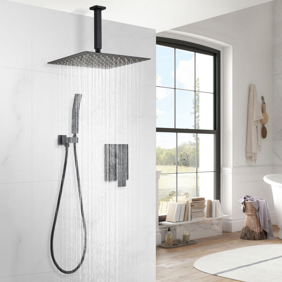 12" Square Rainfall Shower head and Handheld Shower Head Set, Matte Black