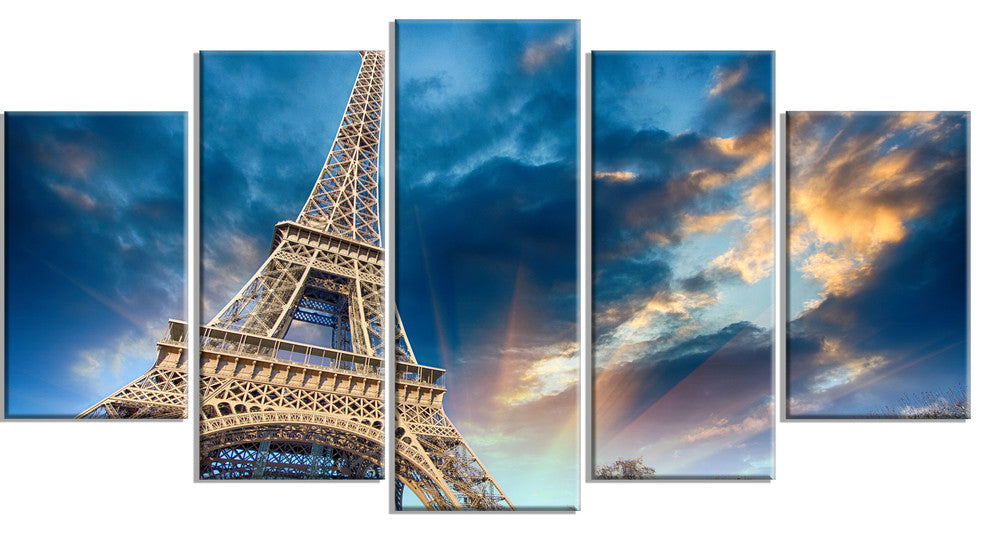 "Beautiful View Paris Eiffel Tower Under Fiery Sky" Wall Art, 60"x32", 5-Panels