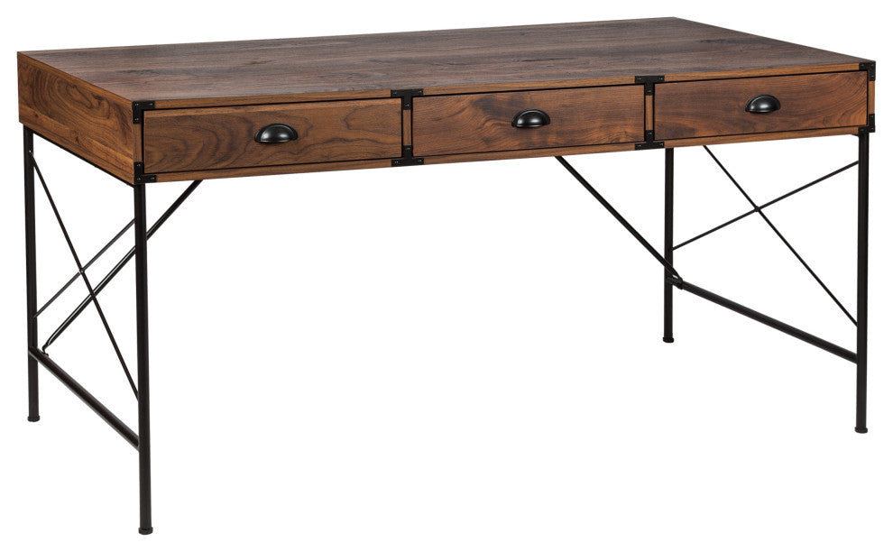 Brunei 59'' Wide 3 Drawer Wood Grain Farmhouse Writing Desk  in Walnut, Walnut Wood Grain