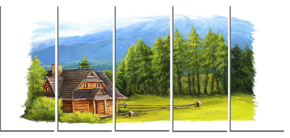 "Small Wooden Home in Mountains" Landscape Wall Art, 5 Panels, 60"x28"