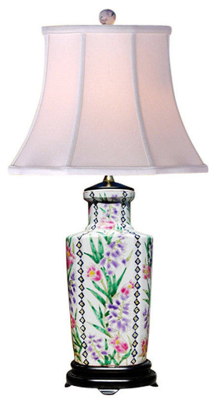 Multicolor Square Floral Porcelain Vase Table Lamp, 26.5"