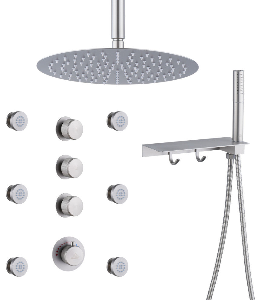 12inch Shower System With Shelf, Handheld Shower With Spray Gun Feature, Brushed Nickel