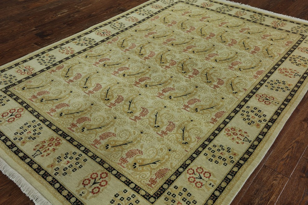 Oriental Ivory Oushak Hand-Knotted Peshawar Chobi Wool Rug, 6'x9'