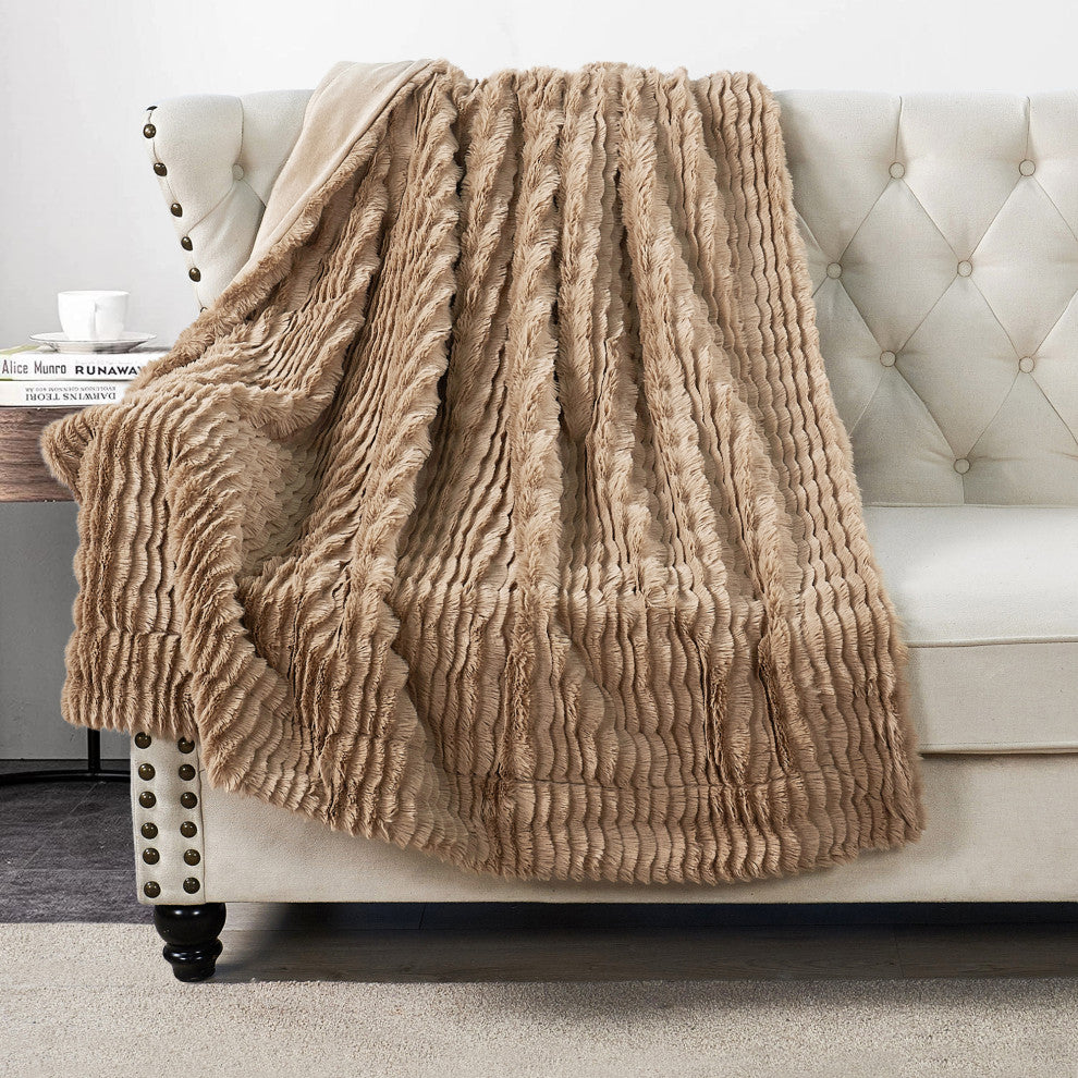 Wavy Faux Fur Throw Blanket, Tan