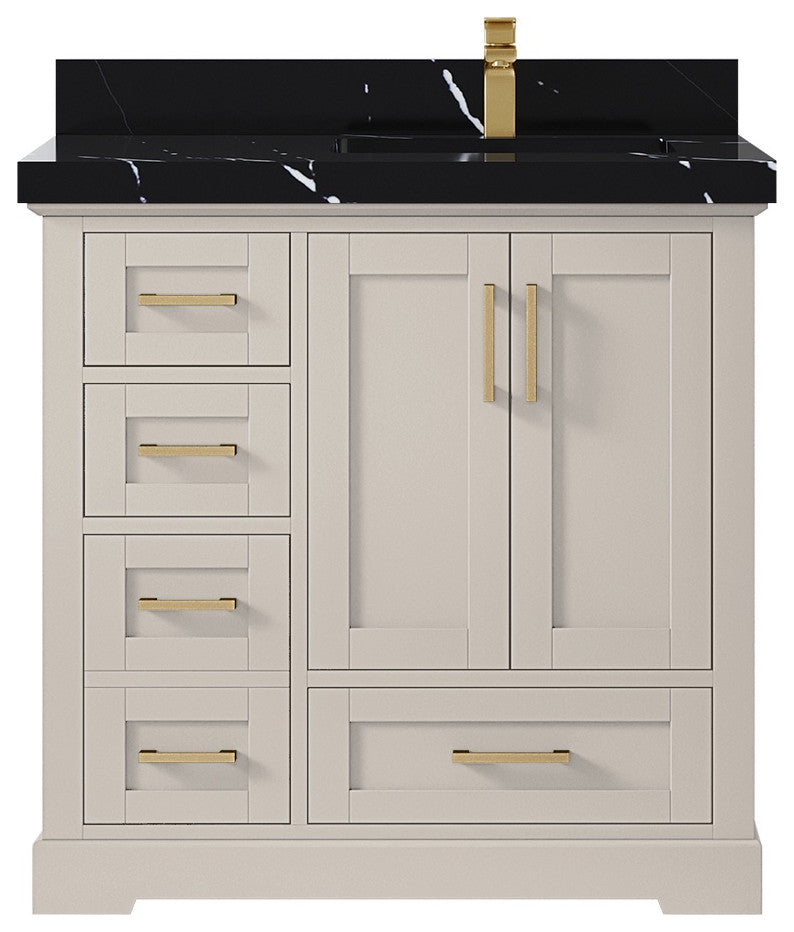 Boston 36" Right Offset Bath Vanity in Fine Grain 2" Calacatta Black