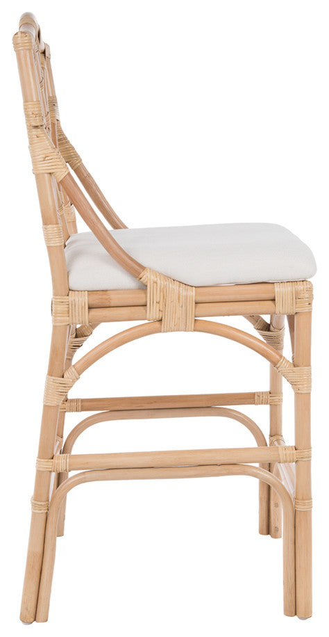 Chippendale Rattan Stool, Natural Color With Off-White Upholstery, Counterstool