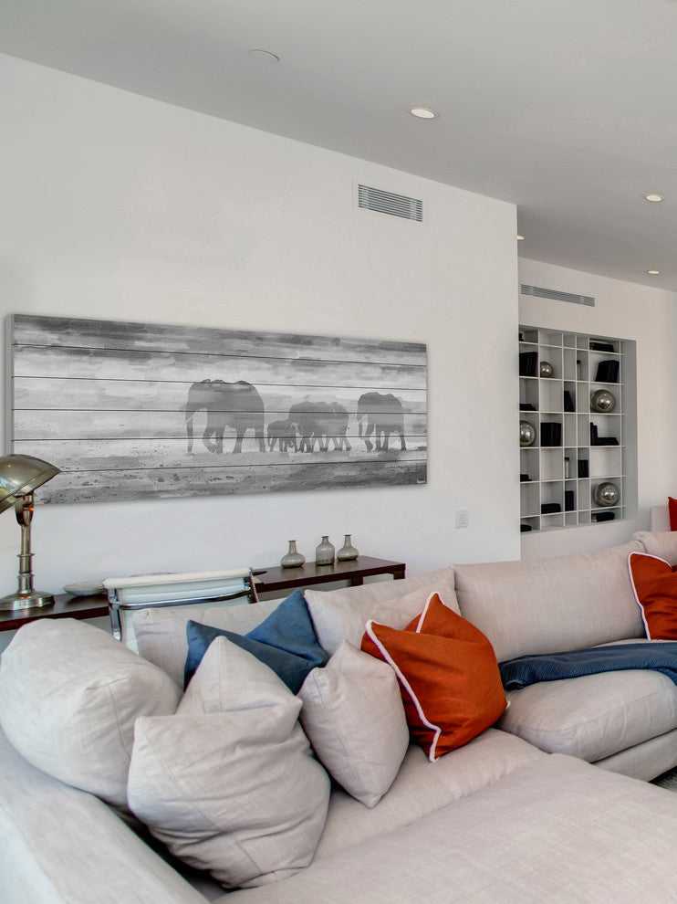 "Parade of Tusks" Painting Print on White Wood, 30"x10"