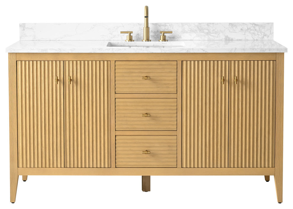 Vanity Art Freestanding Vanity, Natural Oak, 60", Single Sink, Golden Brushed