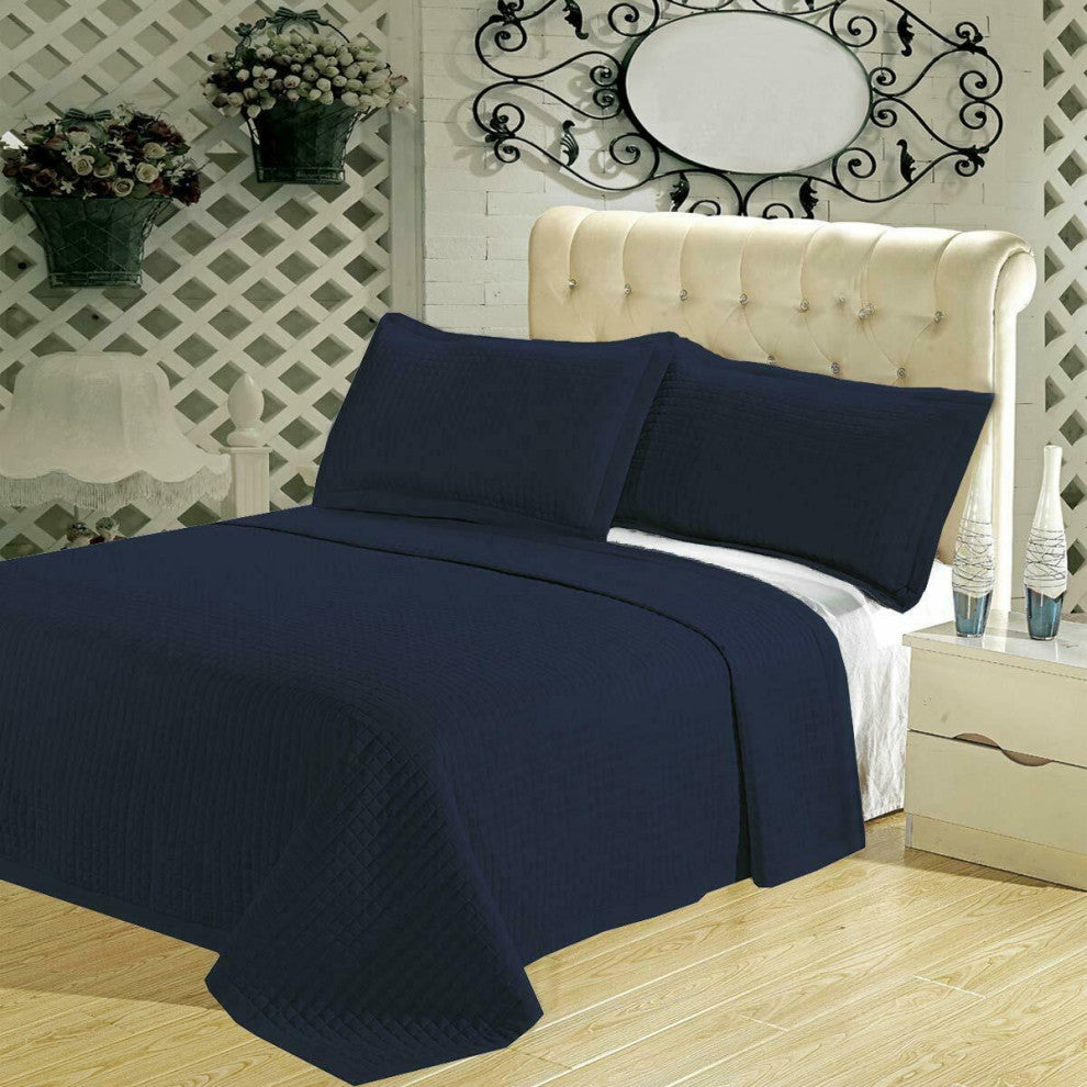 Wrinkle-Free Checkered Quilted Coverlet Set, Navy, Full/Queen