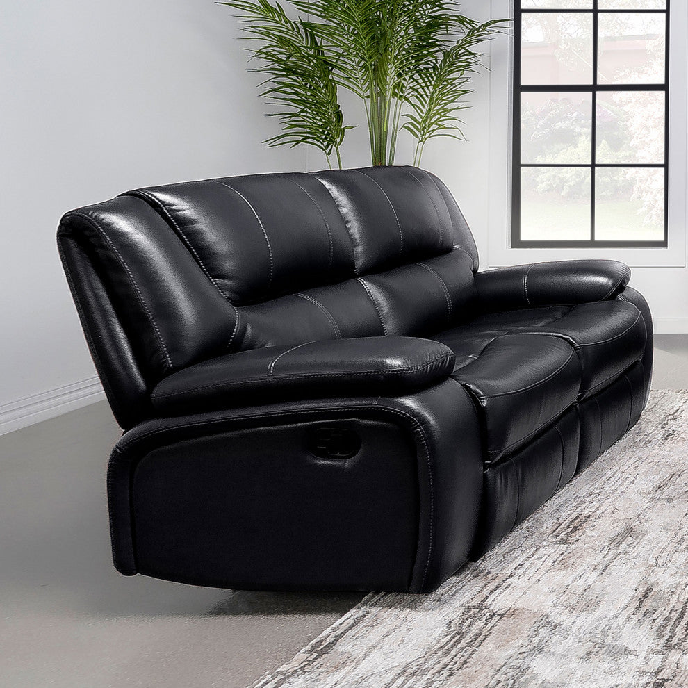 Faux Leather Manual Motion Reclining Loveseat With Pillow Top Armrests, Black