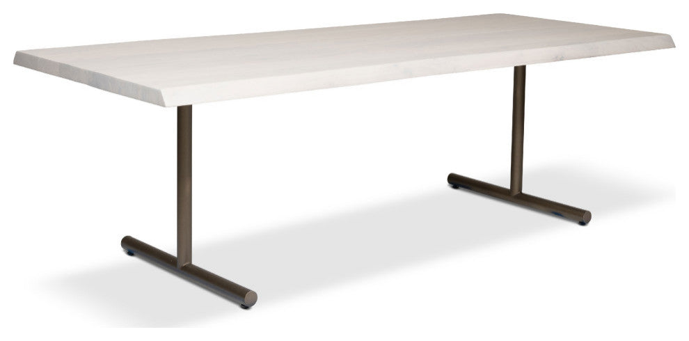 Brooks Dining Table, T Base, 40"x92", White Wash Top, Brass Base
