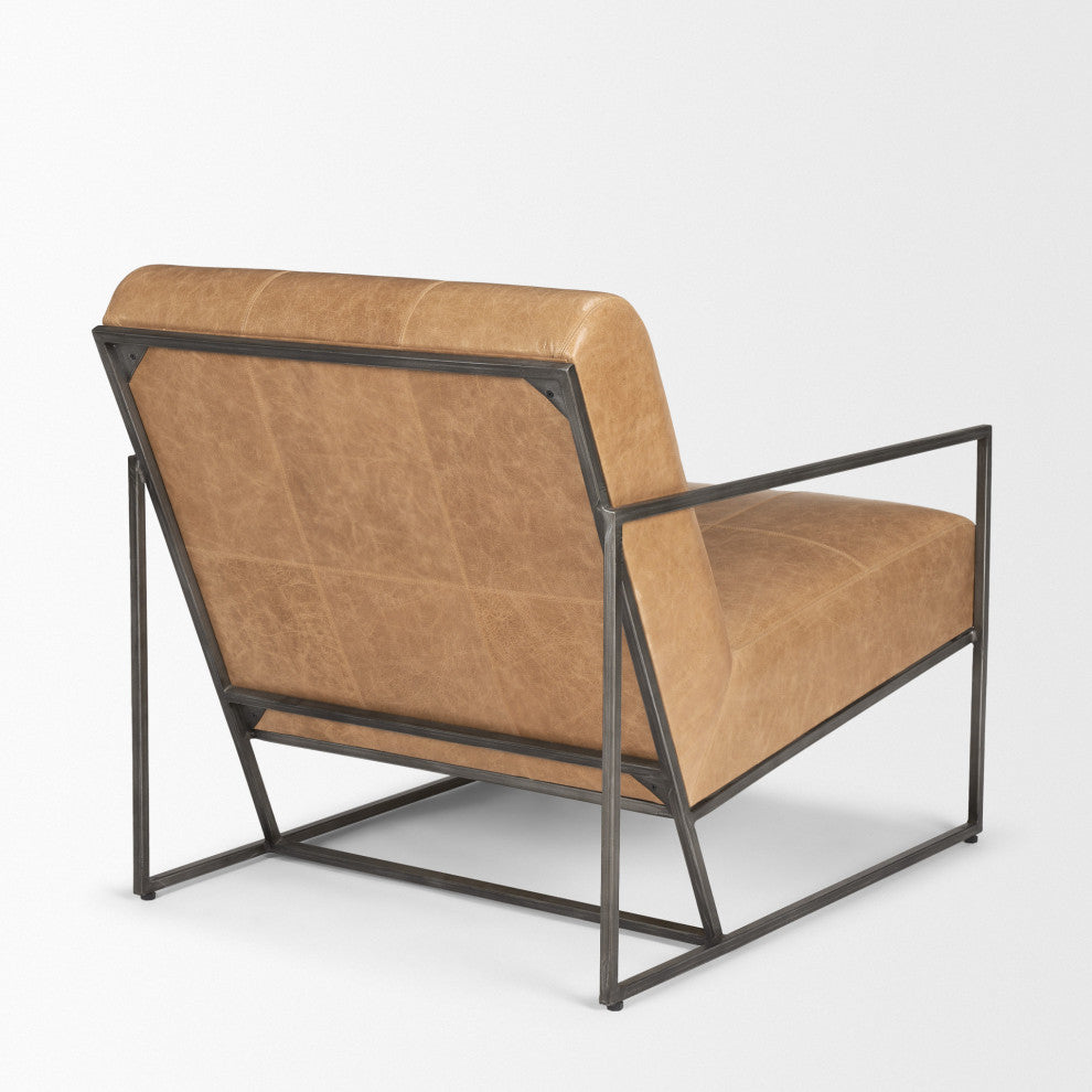 Stratton Gunmetal With Genuine Brown Leather Upholstered Accent Chair