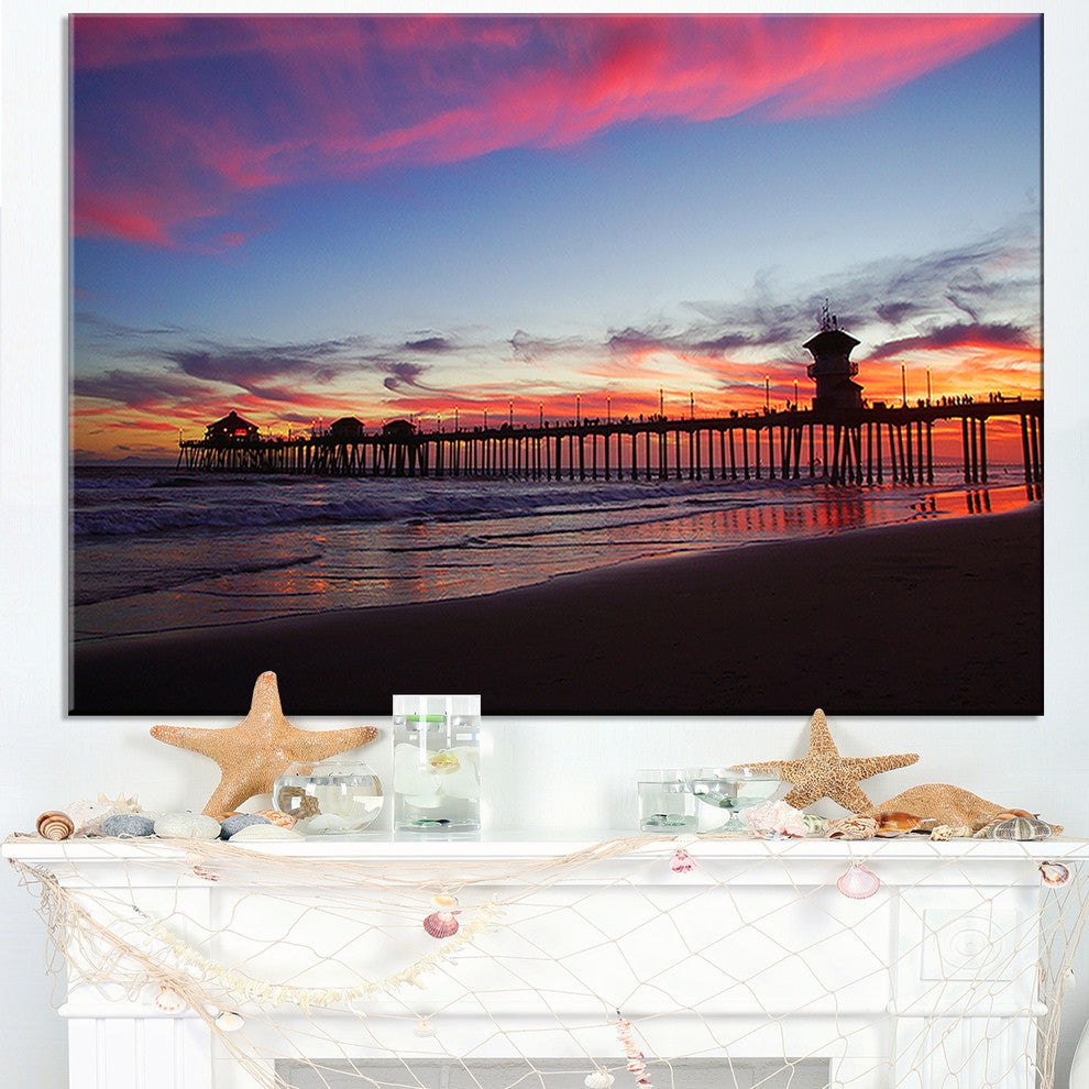 "Sea Bridge in California With Red Clouds" Seascape Wall Art, 40"x20"